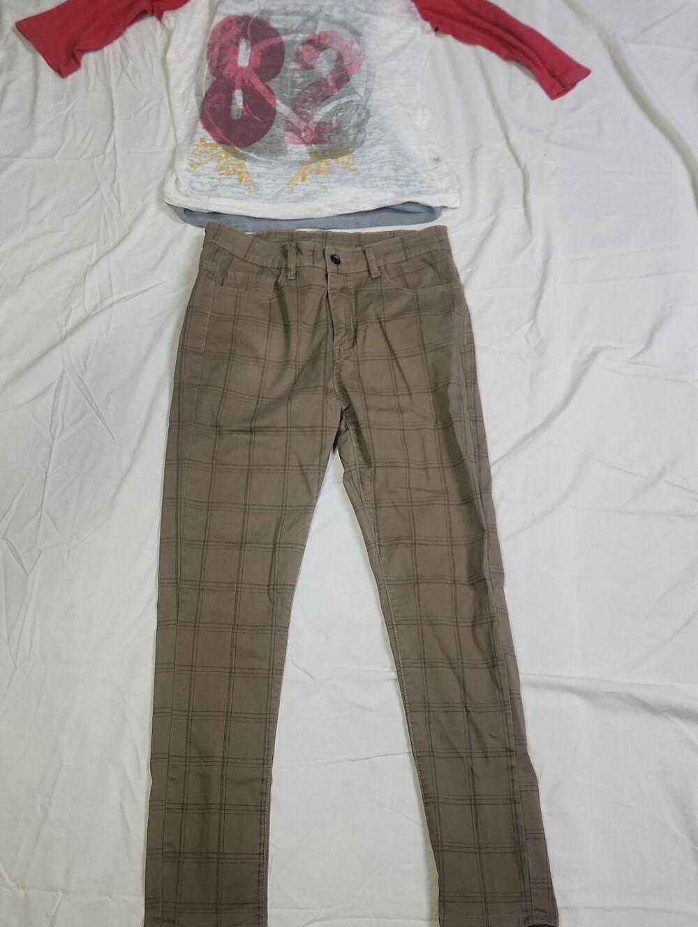 Styled Outfit: Plaid Trousers With Distressed 3/4 Sleeve Top And Gray Tank Top